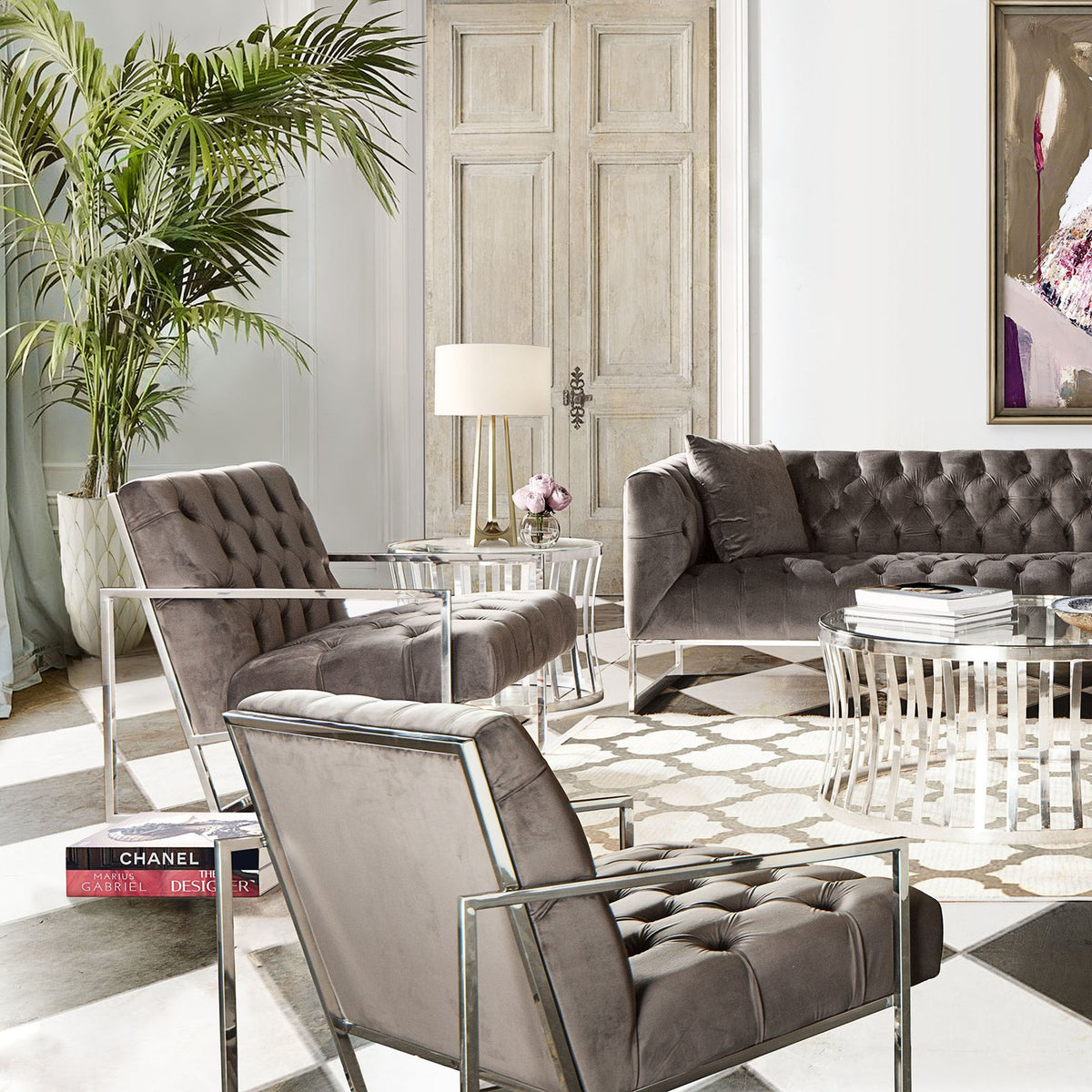 Luxe Accent Chair in Dusk Grey Tufted Velvet Fabric with Polished Stainless Steel Frame