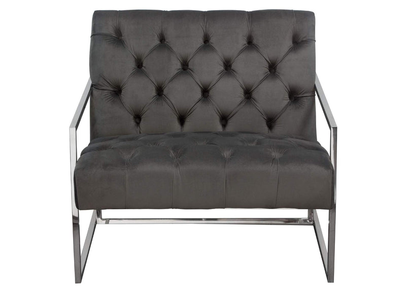 Luxe Accent Chair in Dusk Grey Tufted Velvet Fabric with Polished Stainless Steel Frame
