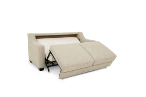 Beige sofa bed with one seat folded down on a white background
