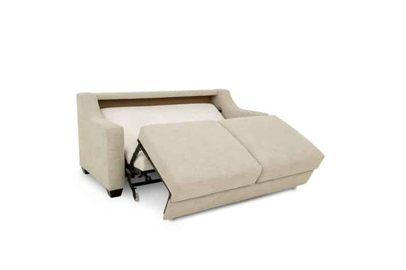 Beige sofa bed with one seat folded down on a white background