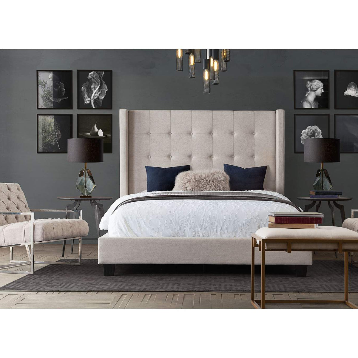MADISONAVEQUBEDSD Madison Ave Tufted Wing Queen Bed In Sand Button Tufted Fabric