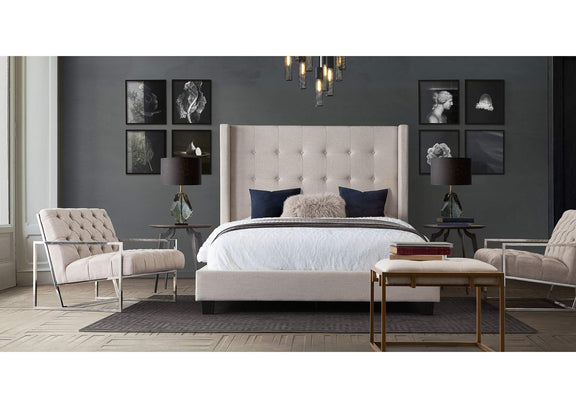 MADISONAVEQUBEDSD Madison Ave Tufted Wing Queen Bed In Sand Button Tufted Fabric