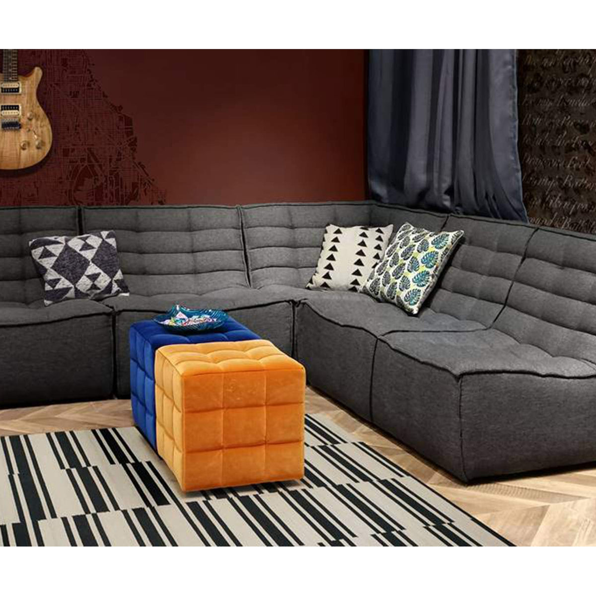 MARSHALL5PCGR Marshall 5pc Corner Modular Sectional W/ Scooped Seat In Grey Fabric