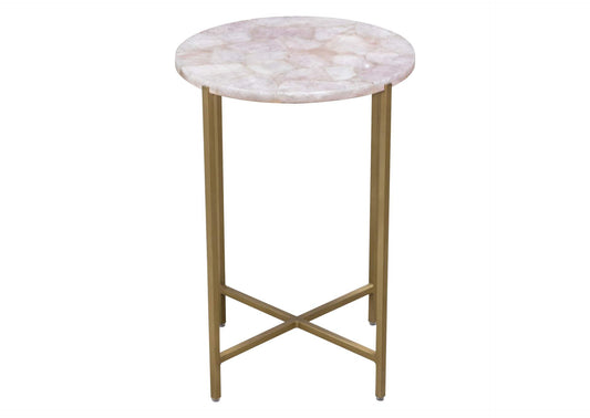 Mika Round Accent Table w/ Rose Quartz Top w/ Brass Base by Diamond Sofa