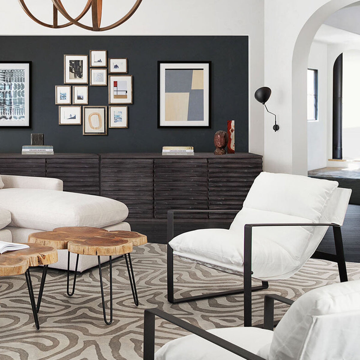 Miller Sling Accent Chair in White Linen Fabric w/ Black Powder Coated Metal Frame