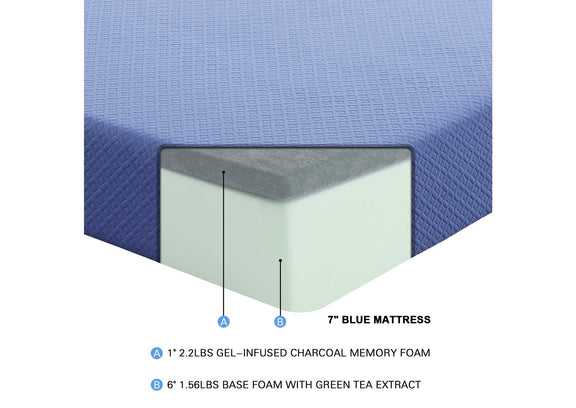 MT-PG07BLT Leo 7" Blue Twin Gel-Infused Memory Foam Mattress and Pillow Set