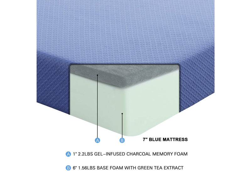 MT-PG07BLT Leo 7" Blue Twin Gel-Infused Memory Foam Mattress and Pillow Set