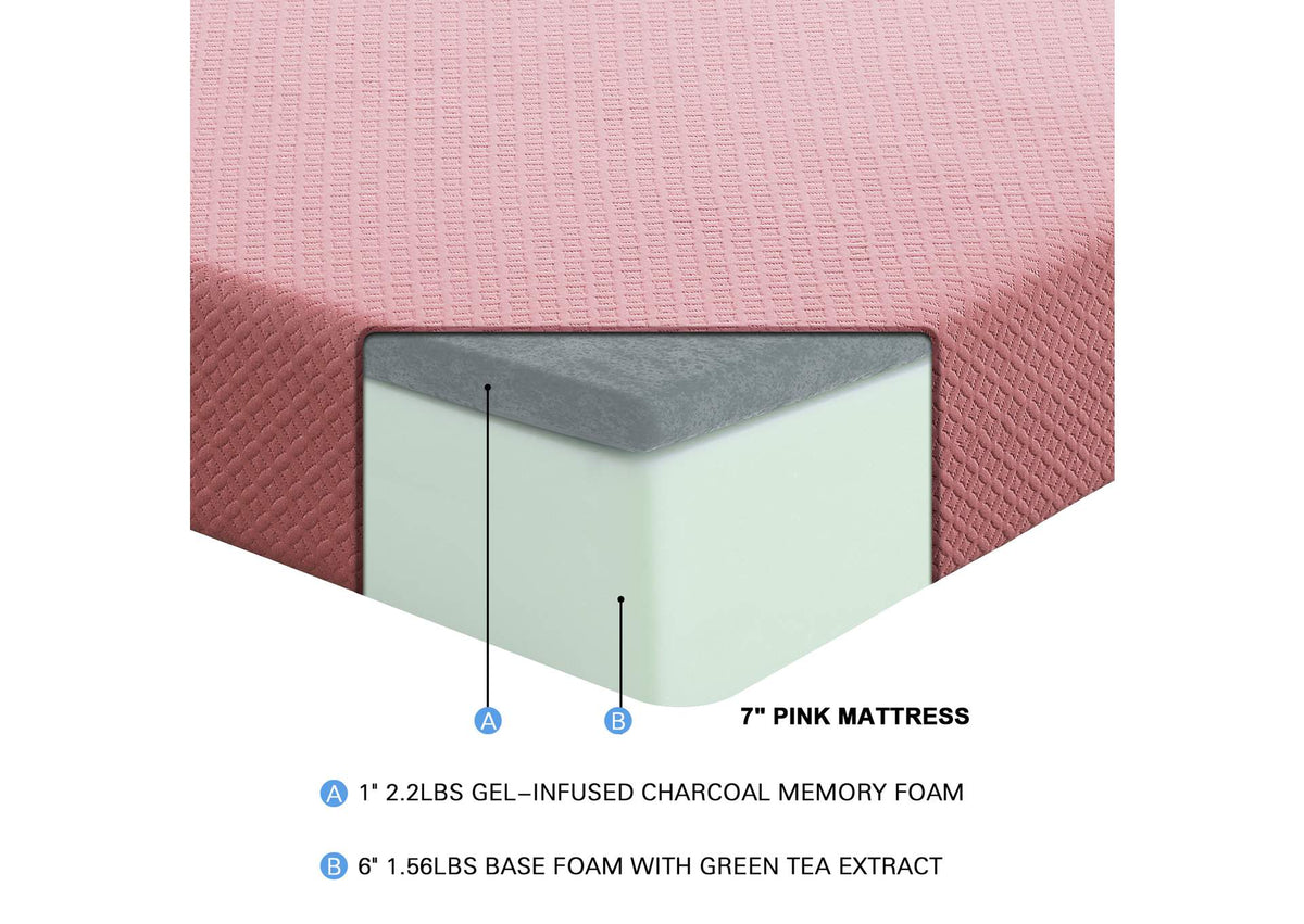 MT-PG07PKT Leo 7" Pink Twin Gel-Infused Memory Foam Mattress and Pillow Set
