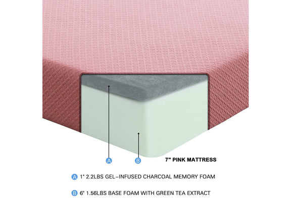 MT-PG07PKT Leo 7" Pink Twin Gel-Infused Memory Foam Mattress and Pillow Set