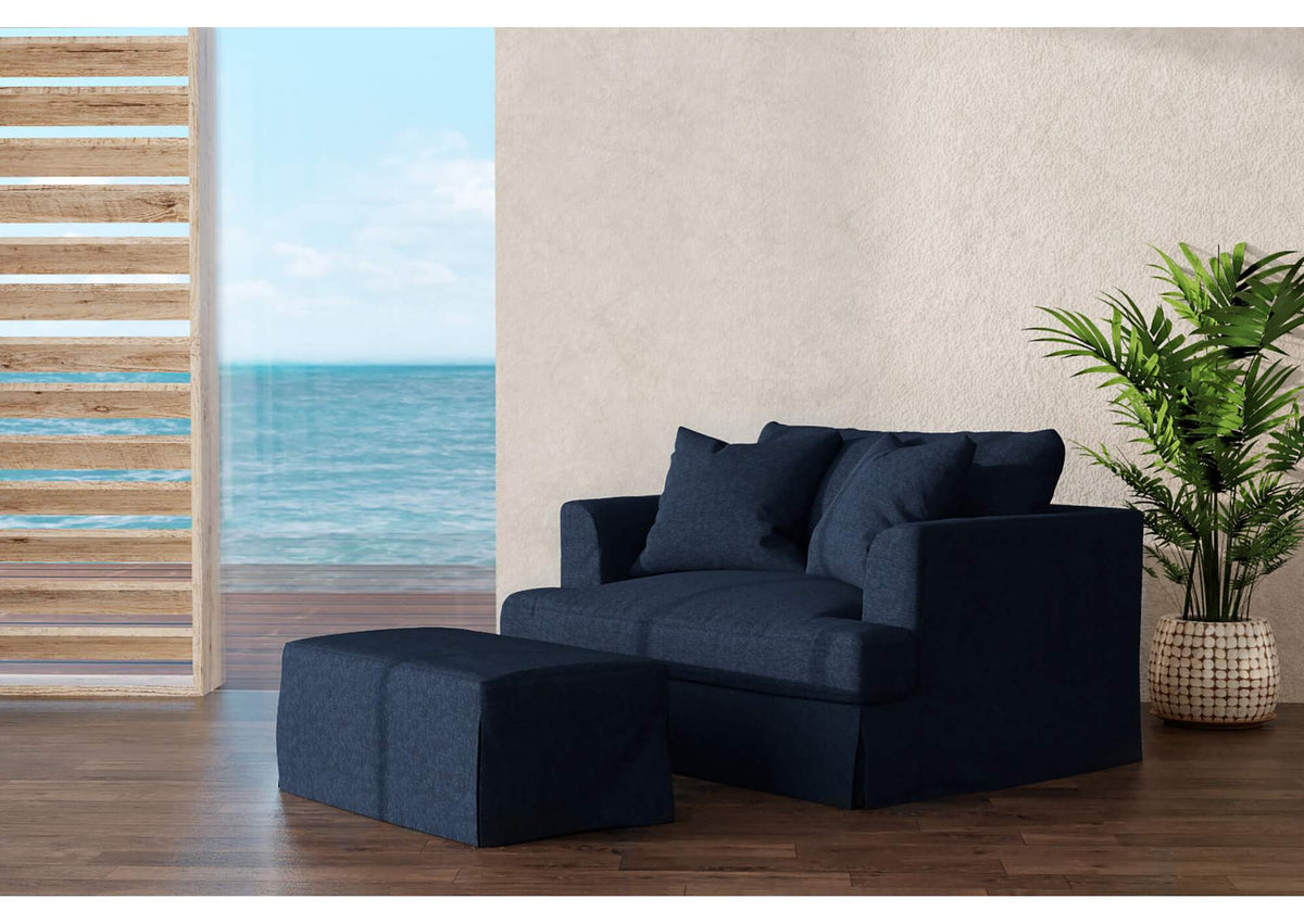 SY-130015-30-391049 Newport Slipcovered Chair and A Half with Ottoman | Moisture and Stain Resistant Washable Performance Fabric | 2 Throw Pillows | Navy Blue