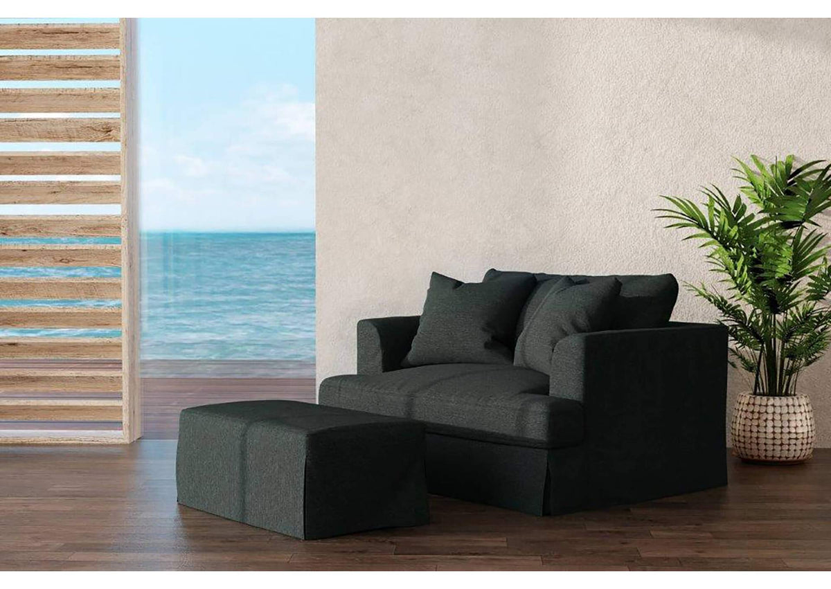 SY-130015-30-391098 Newport Slipcovered Chair and A Half with Ottoman | Moisture and Stain Resistant Washable Performance Fabric | 2 Throw Pillows | Dark Gray