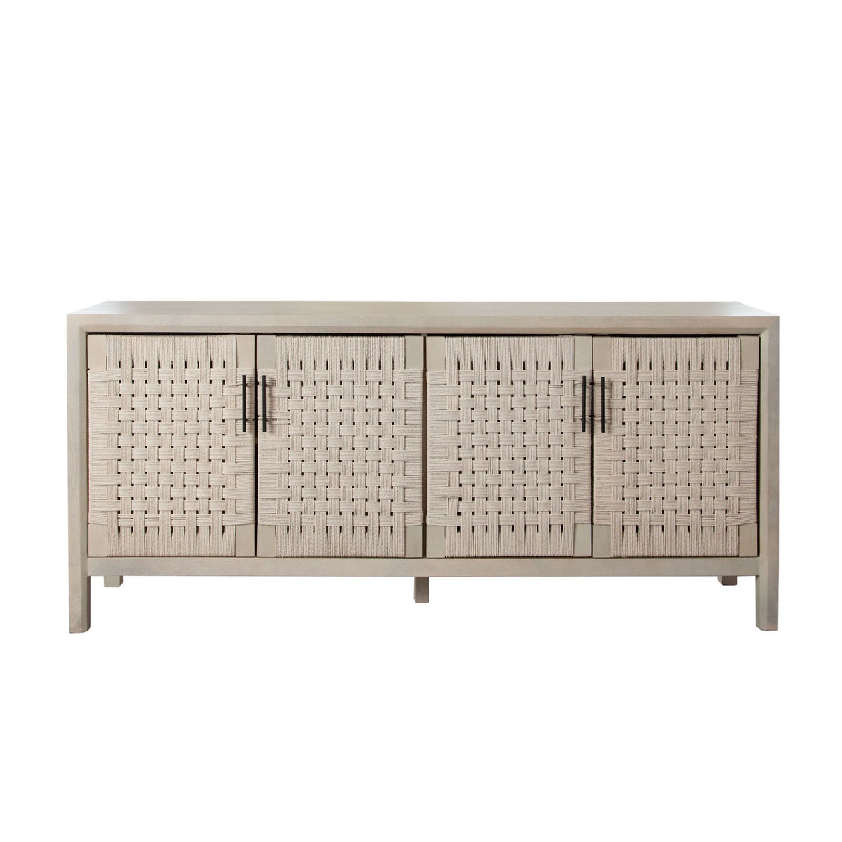 Palm Solid Mango Wood 4-door Sideboard In Natural Finish W/ Woven Rope Door Fronts