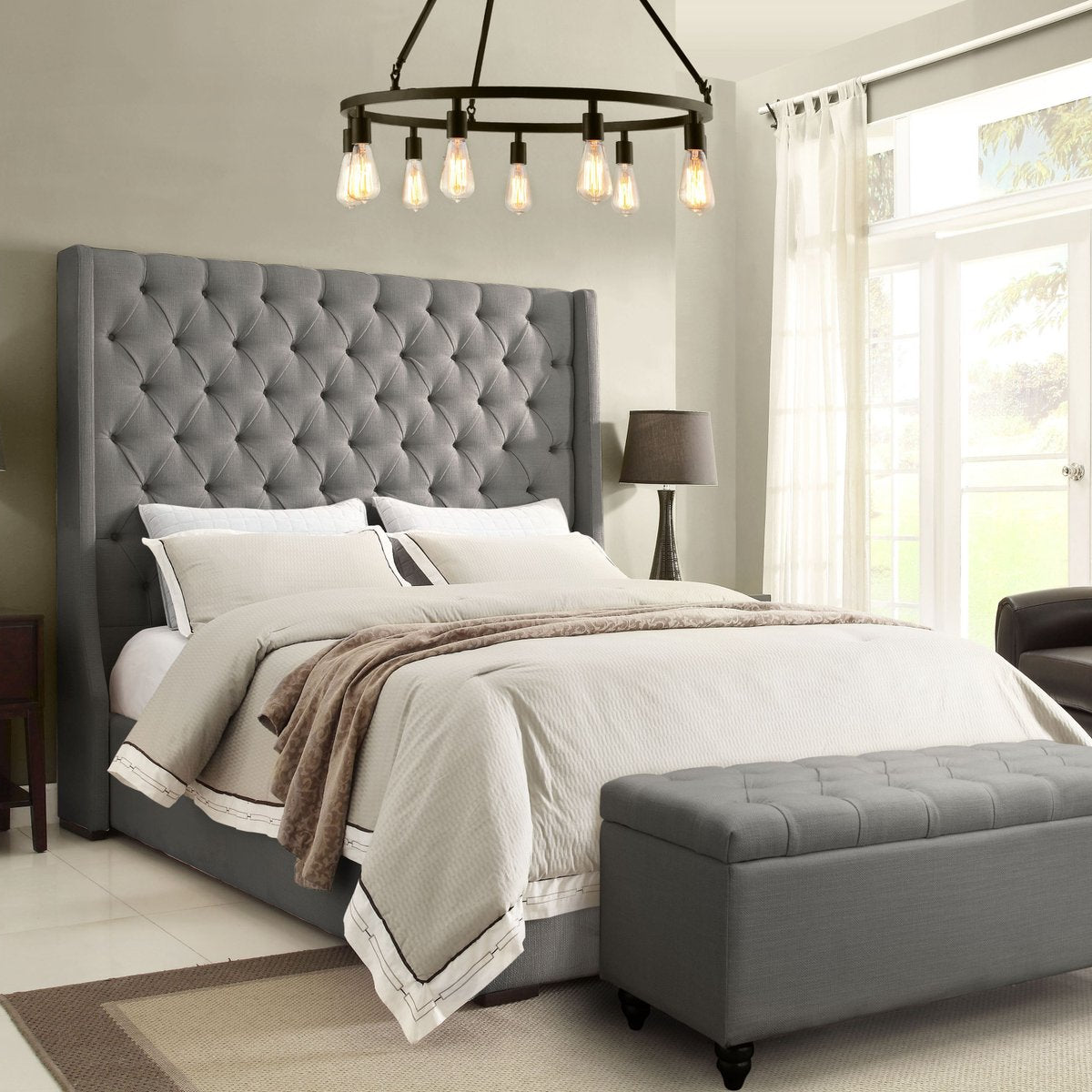 Park Avenue Eastern King Tufted Bed with Vintage Wing in Grey Linen