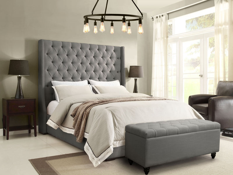 Park Avenue Eastern King Tufted Bed with Vintage Wing in Grey Linen