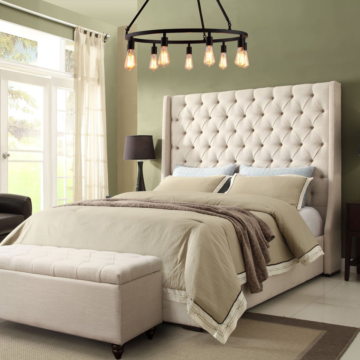Park Avenue Eastern King Tufted Bed with Vintage Wing in Desert Sand Linen