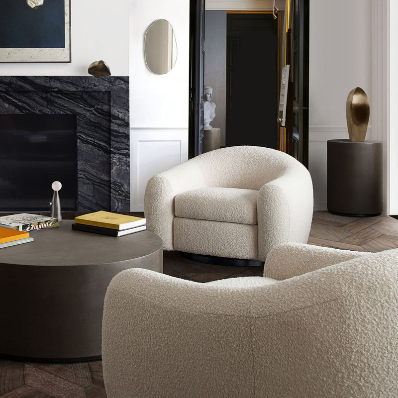 Pascal Swivel Chair in Bone Boucle Textured Fabric w/ Contoured Arms & Back