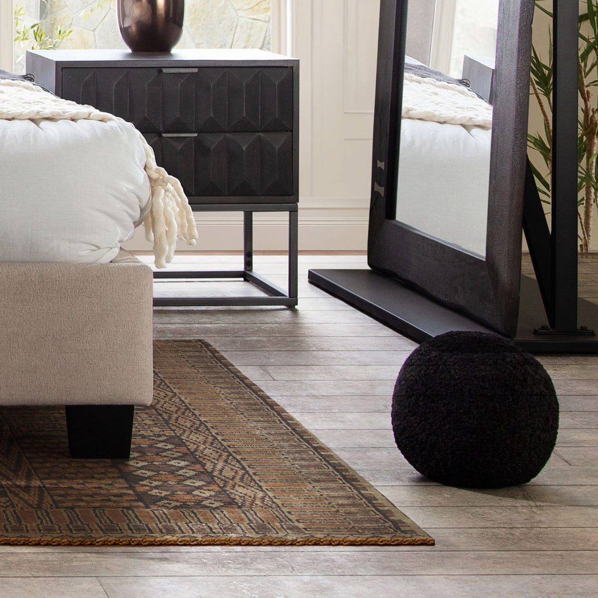 Set of (2) 10" Round Accent Pillows in Black Faux Sheepskin