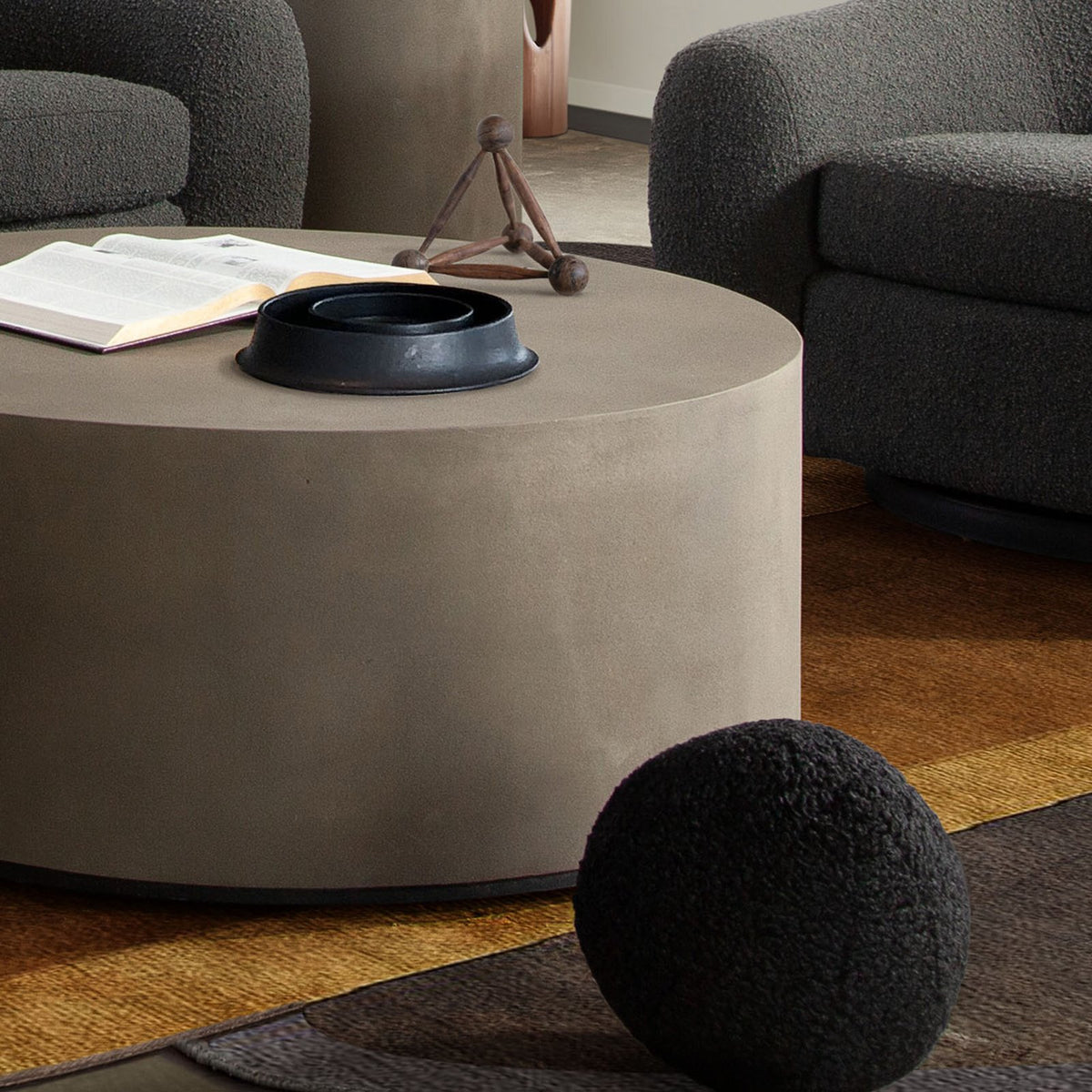 Set of (2) 10" Round Accent Pillows in Black Faux Sheepskin