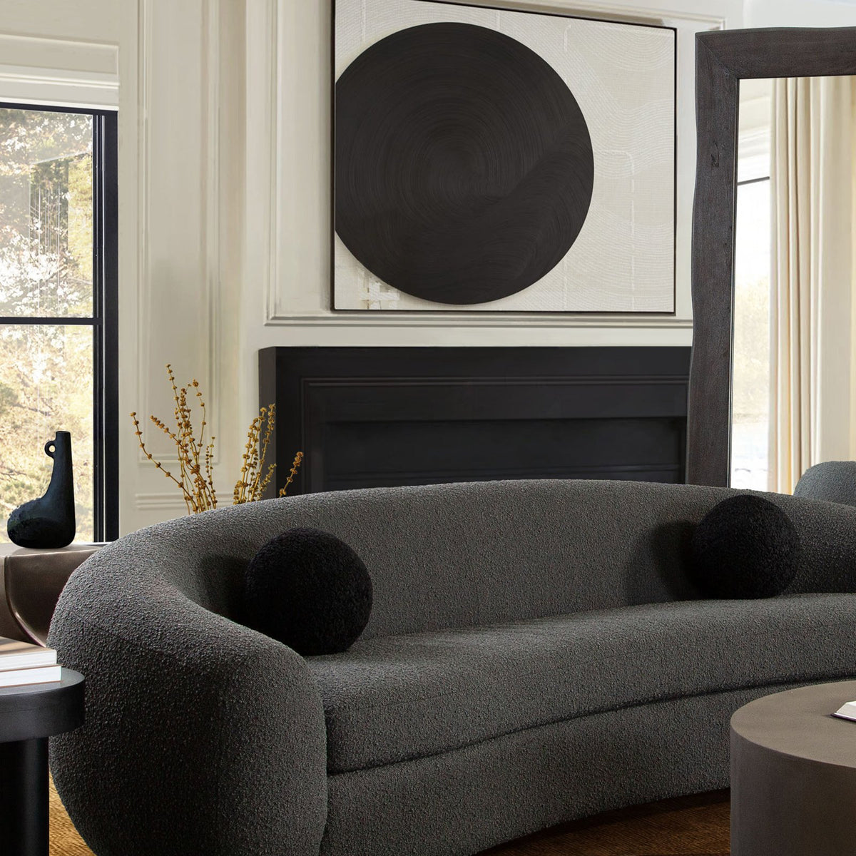 Set of (2) 10" Round Accent Pillows in Black Faux Sheepskin