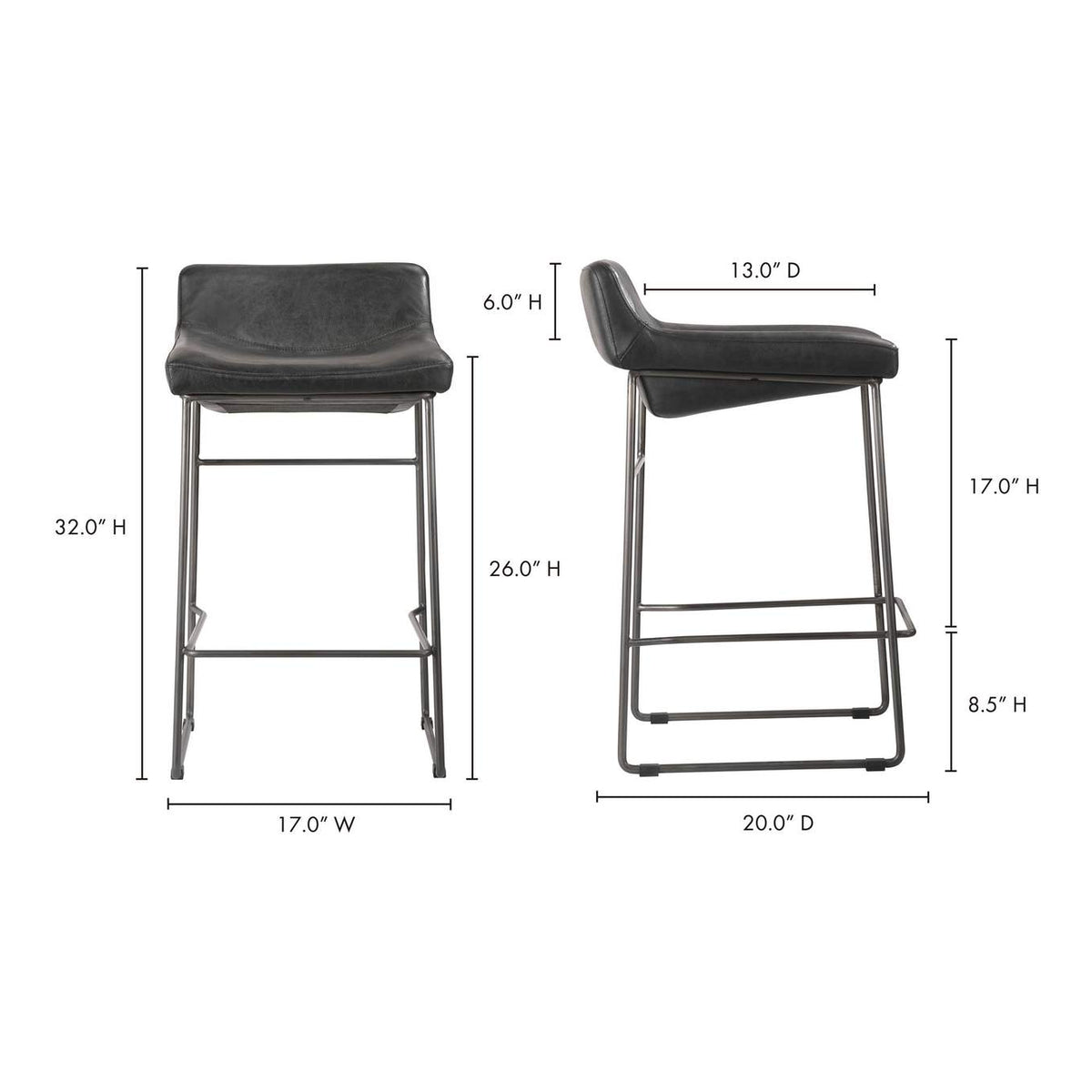 PK-1106-02 Starlet Counter Stool Onyx Black Leather - Set Of Two