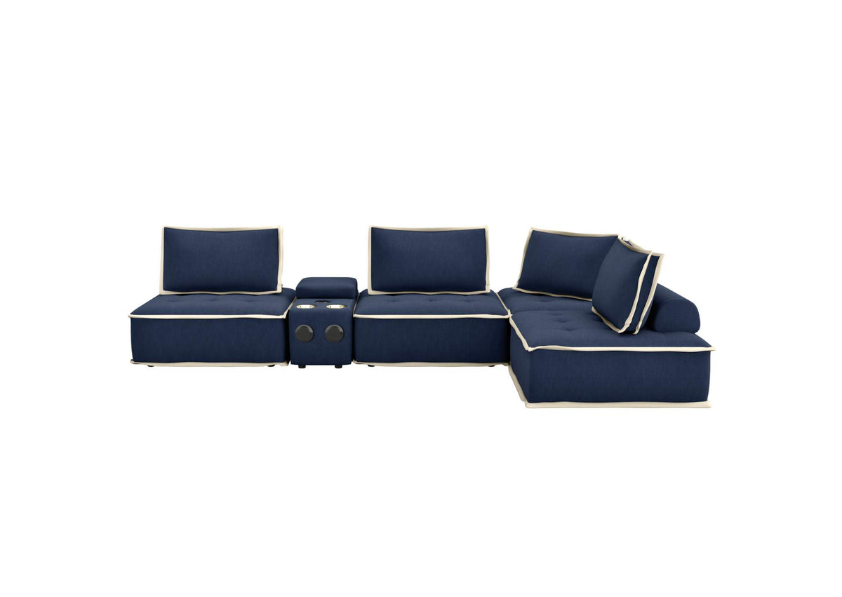 SU-UPX1671135-4A-MNW Sunset Trading Pixie 5 Piece Sofa Sectional | Modular Couch | Bluetooth Speaker Console Outlets USB Storage Cupholders | Navy Blue and Cream Fabric