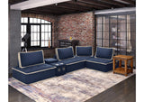 SU-UPX1671135-4A-MNW Sunset Trading Pixie 5 Piece Sofa Sectional | Modular Couch | Bluetooth Speaker Console Outlets USB Storage Cupholders | Navy Blue and Cream Fabric