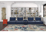 SU-UPX1671135-4A-MNW Sunset Trading Pixie 5 Piece Sofa Sectional | Modular Couch | Bluetooth Speaker Console Outlets USB Storage Cupholders | Navy Blue and Cream Fabric