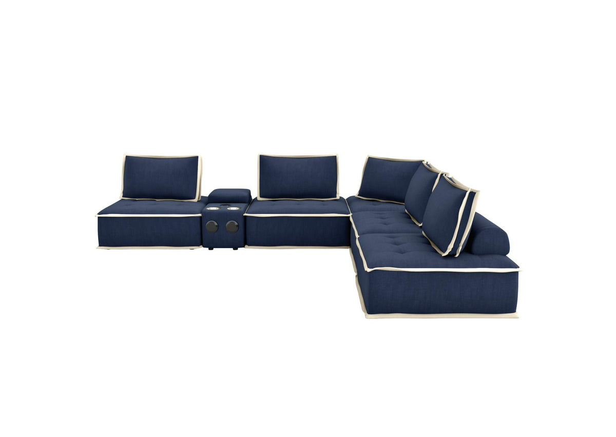 SU-UPX1671135-5A-MNW Sunset Trading Pixie 6 Piece Sofa Sectional | Modular Couch | Bluetooth Speaker Console Outlets USB Storage Cupholders | Navy Blue and Cream Fabric