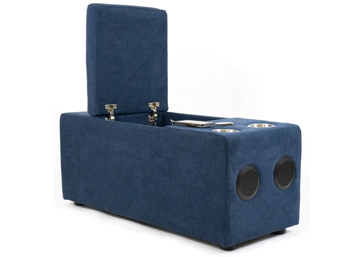 SU-UPX1671005MNW Sunset Trading Pixie Speaker Console | Modular Voice Bluetooth USB Outlets Storage Cupholders | Navy Fabric