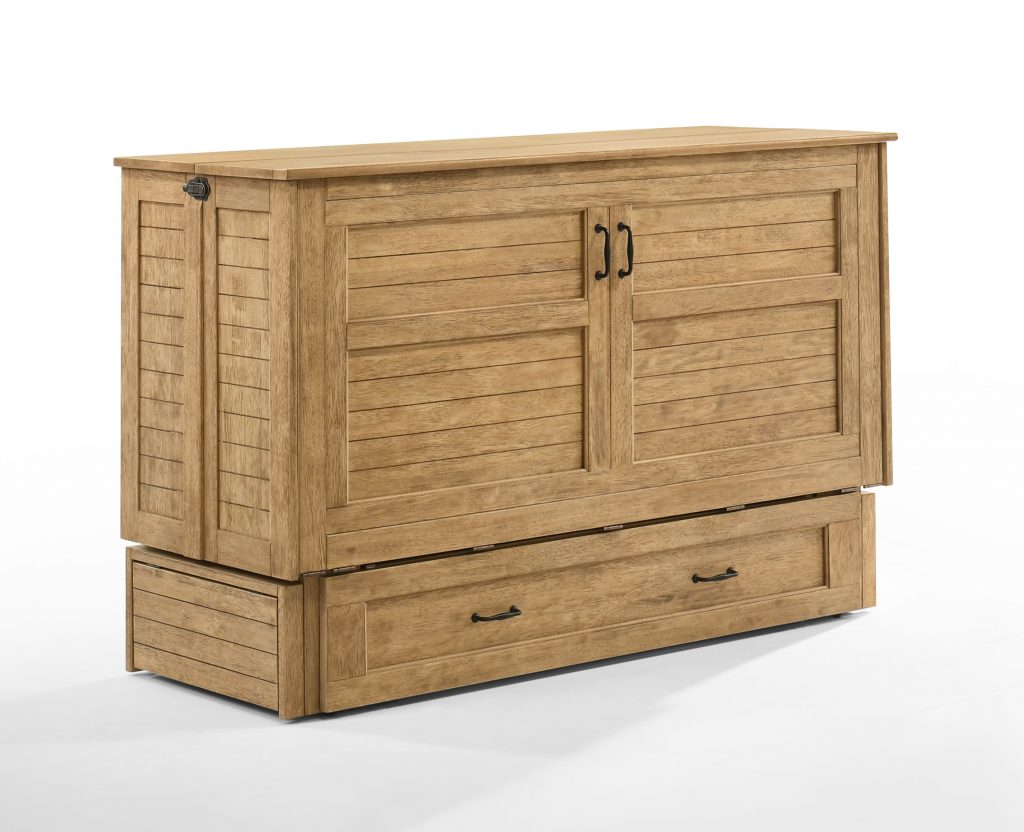 Wooden Murphy bed with closed doors on a white background