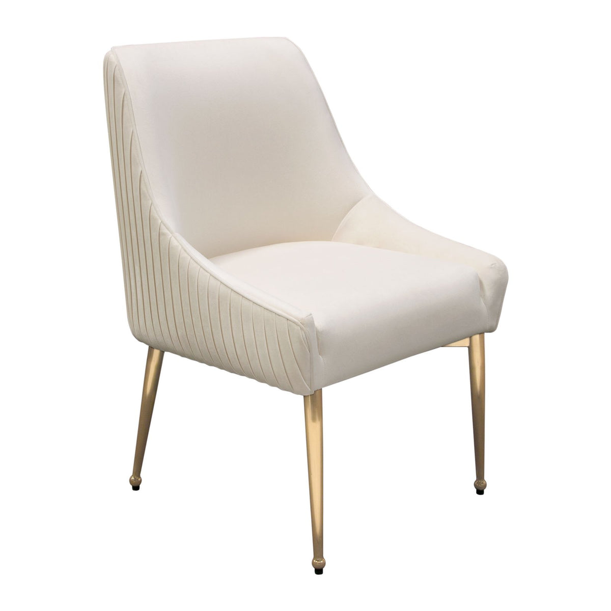 Set of (2) Quinn Dining Chairs w/ Vertical Outside Pleat Detail and Contoured Arm in Cream Velvet w/ Brushed Gold Metal Leg