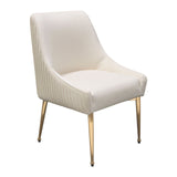 Set of (2) Quinn Dining Chairs w/ Vertical Outside Pleat Detail and Contoured Arm in Cream Velvet w/ Brushed Gold Metal Leg