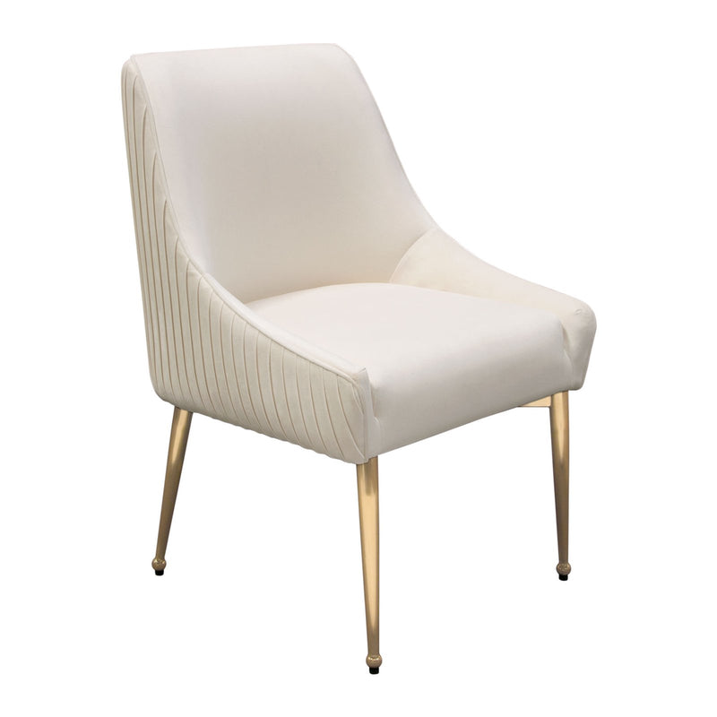 Set of (2) Quinn Dining Chairs w/ Vertical Outside Pleat Detail and Contoured Arm in Cream Velvet w/ Brushed Gold Metal Leg