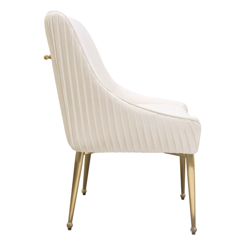 Set of (2) Quinn Dining Chairs w/ Vertical Outside Pleat Detail and Contoured Arm in Cream Velvet w/ Brushed Gold Metal Leg