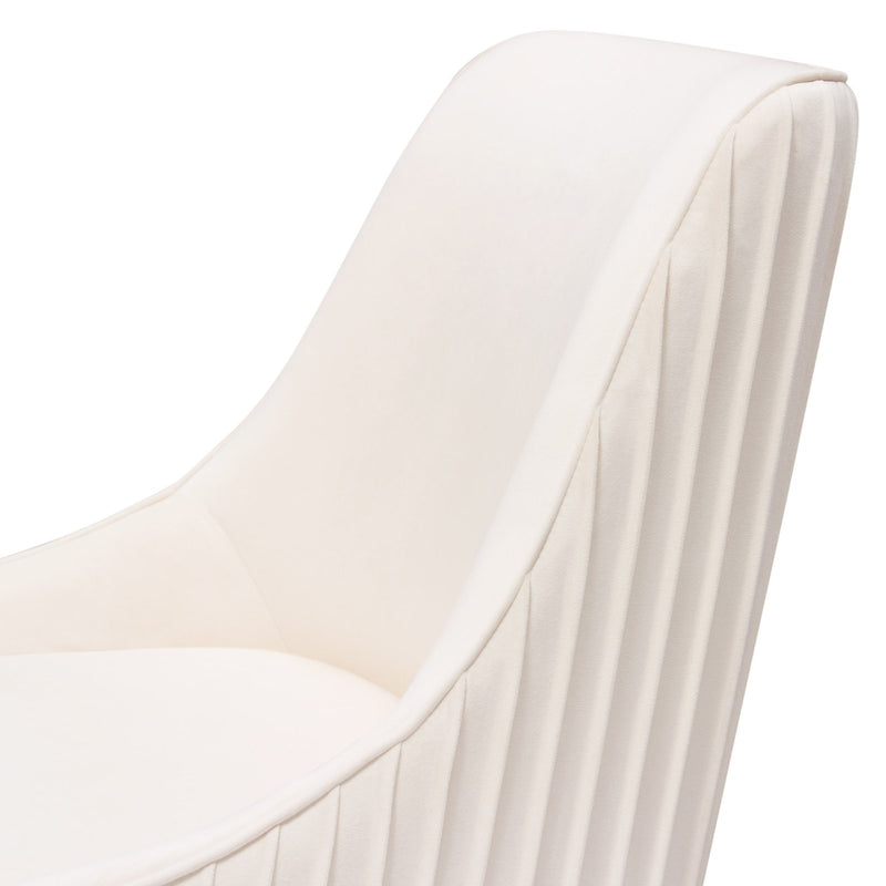 Set of (2) Quinn Dining Chairs w/ Vertical Outside Pleat Detail and Contoured Arm in Cream Velvet w/ Brushed Gold Metal Leg