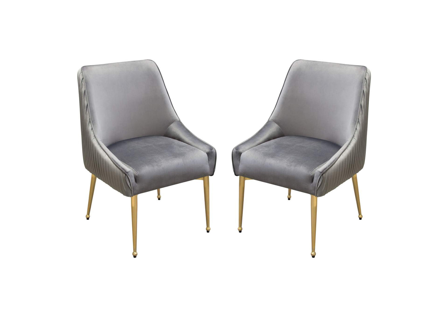 Set of (2) Quinn Dining Chairs w/ Vertical Outside Pleat Detail and Contoured Arm in Grey Velvet w/ Brushed Gold Metal Leg by Diamond Sofa