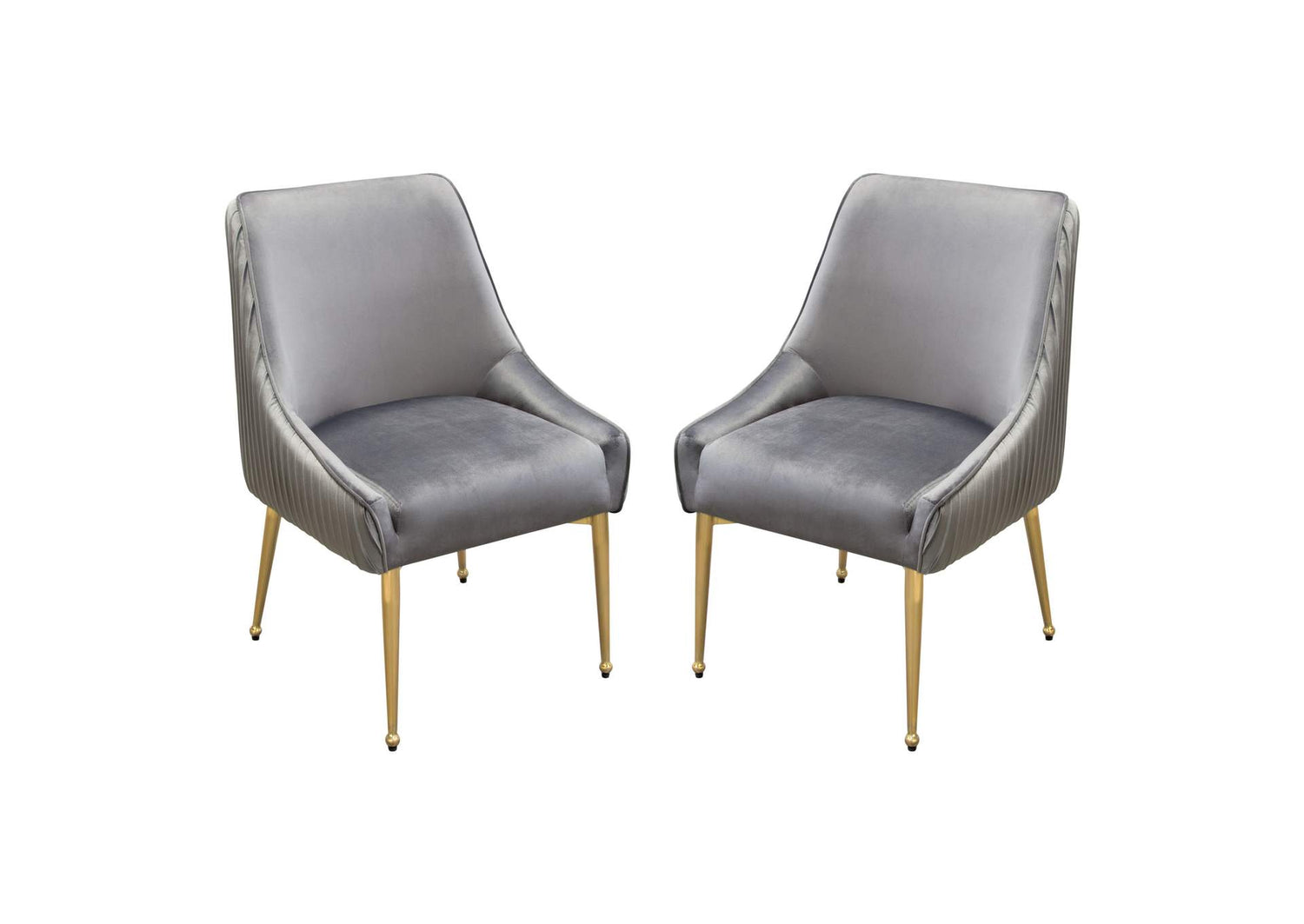 Set of (2) Quinn Dining Chairs w/ Vertical Outside Pleat Detail and Contoured Arm in Grey Velvet w/ Brushed Gold Metal Leg by Diamond Sofa