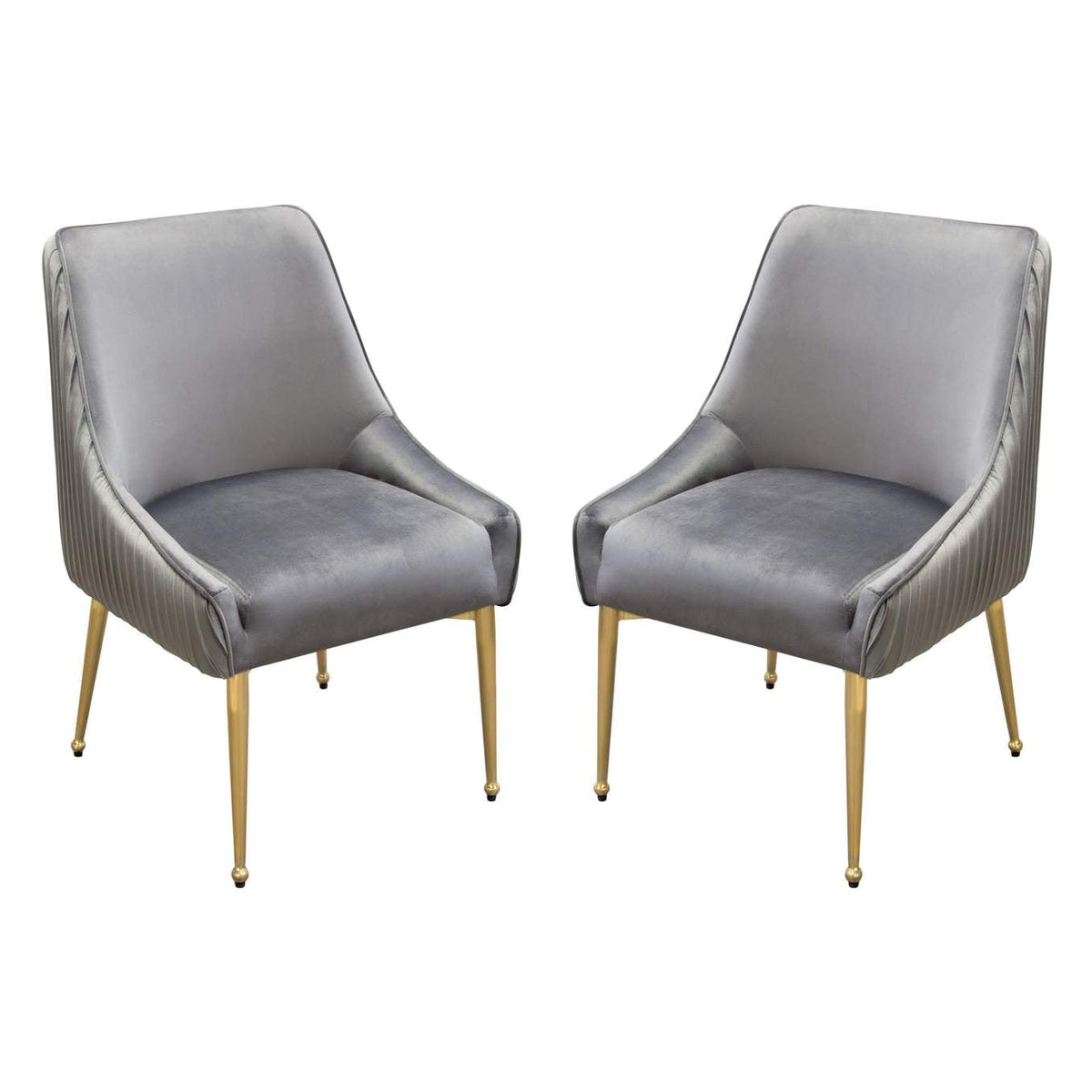 Set of (2) Quinn Dining Chairs w/ Vertical Outside Pleat Detail and Contoured Arm in Grey Velvet w/ Brushed Gold Metal Leg