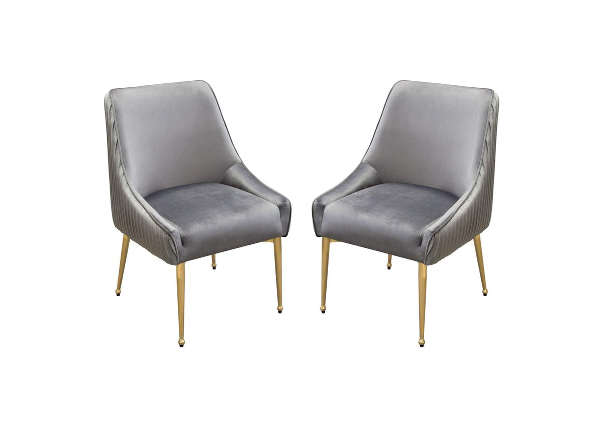 Set of (2) Quinn Dining Chairs w/ Vertical Outside Pleat Detail and Contoured Arm in Grey Velvet w/ Brushed Gold Metal Leg