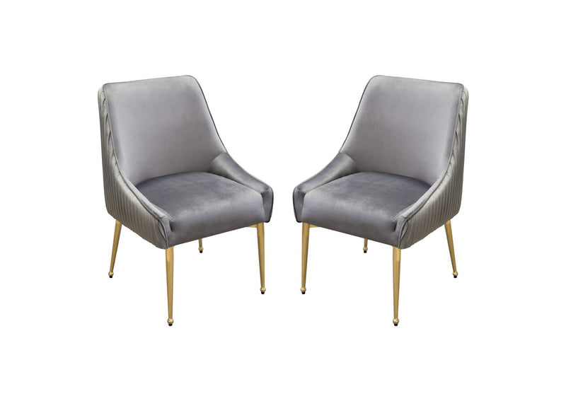 Set of (2) Quinn Dining Chairs w/ Vertical Outside Pleat Detail and Contoured Arm in Grey Velvet w/ Brushed Gold Metal Leg