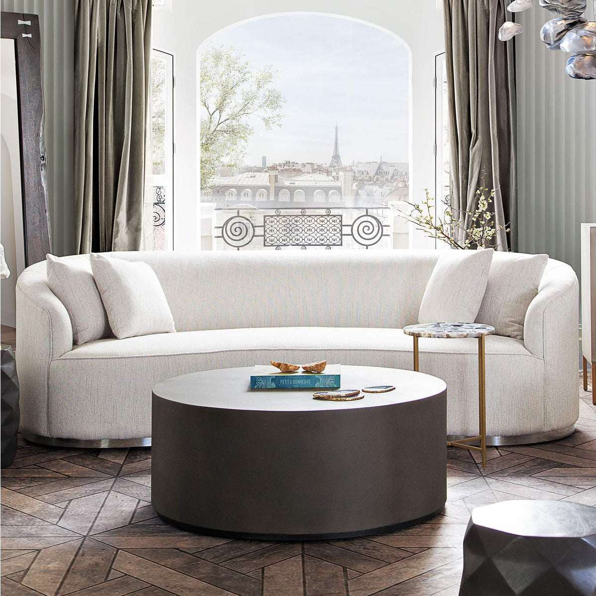 RAVENSOCM Raven Sofa In Light Cream Fabric W/ Brushed Silver Accent Trim