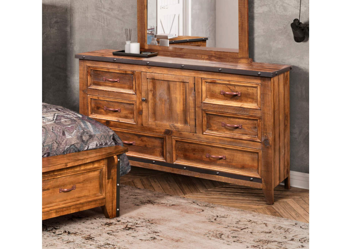 HH-4365-310 Sunset Trading Rustic City Dresser| 6 Drawers| Door| Industrial Metal Accents