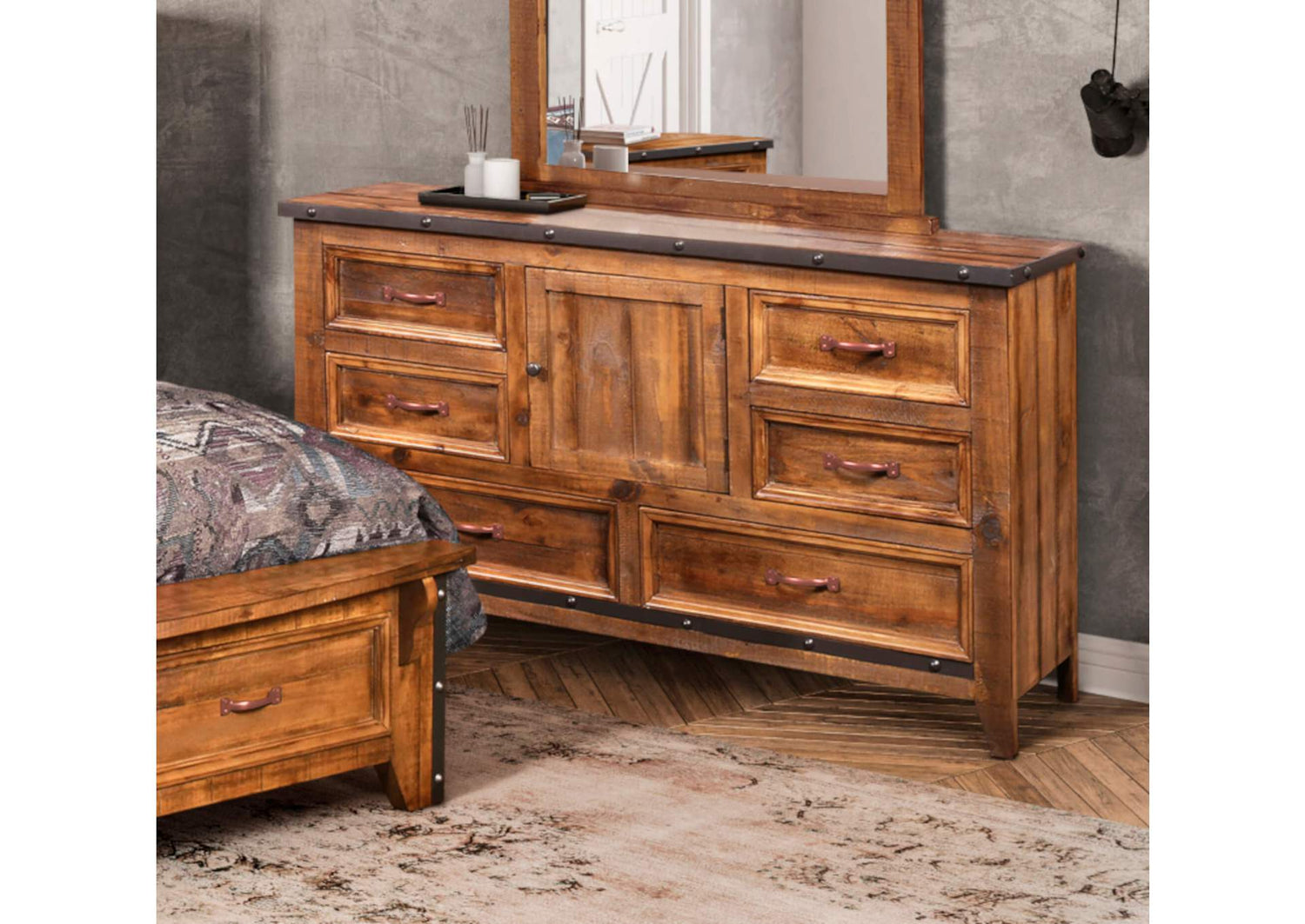 HH-4365-310 Sunset Trading Rustic City Dresser| 6 Drawers| Door| Industrial Metal Accents