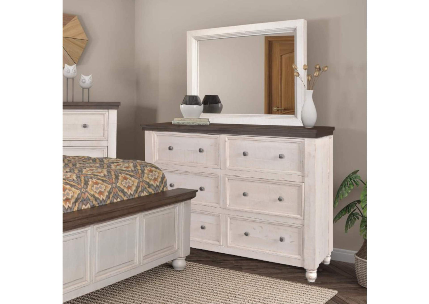 HH-4750-20-310 Sunset Trading Rustic French 6 Drawer Double Dresser and Mirror Set | Distressed White and Brown Solid Wood