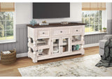 HH-2750-060 Sunset Trading Rustic French 60" Console | 3 Drawer | 2 Door Glass Storage Cabinet | 4 Open Shelves | Distressed White and Brown Solid Wood