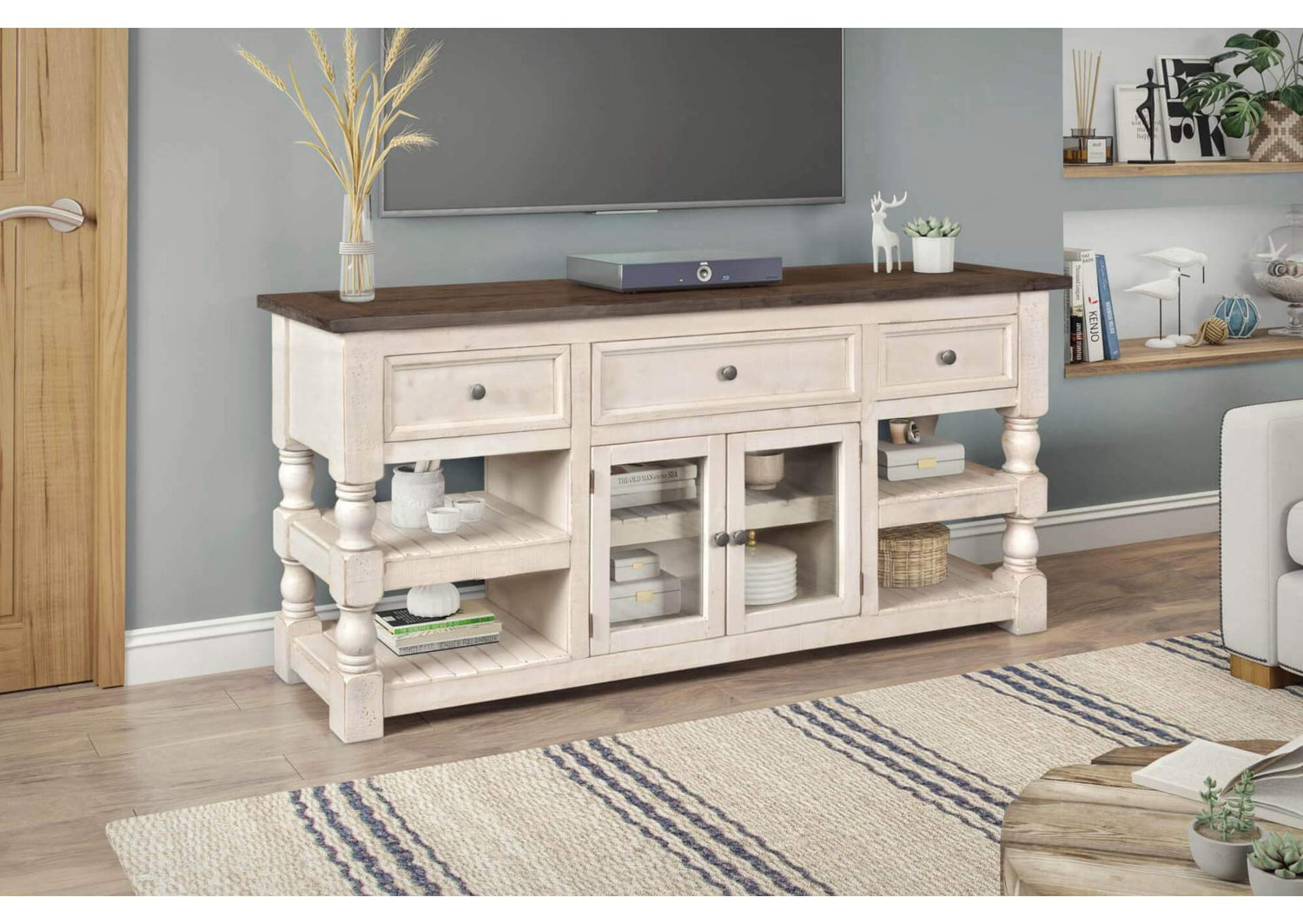 HH-2750-070 Sunset Trading Rustic French 70" Console | 3 Drawer | 2 Door Glass Storage Cabinet | 4 Open Shelves | Distressed White and Brown Solid Wood