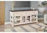 HH-2750-070 Sunset Trading Rustic French 70" Console | 3 Drawer | 2 Door Glass Storage Cabinet | 4 Open Shelves | Distressed White and Brown Solid Wood