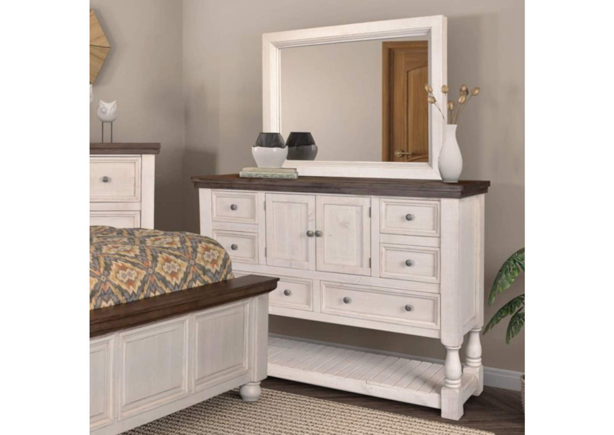 HH-4750-20-315 Sunset Trading Rustic French Dresser and Mirror Set | 6 Drawer | 2 Storage Cabinets | Large Display Shelf | Distressed White and Brown Solid Wood
