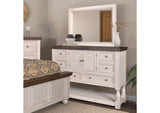 HH-4750-20-315 Sunset Trading Rustic French Dresser and Mirror Set | 6 Drawer | 2 Storage Cabinets | Large Display Shelf | Distressed White and Brown Solid Wood