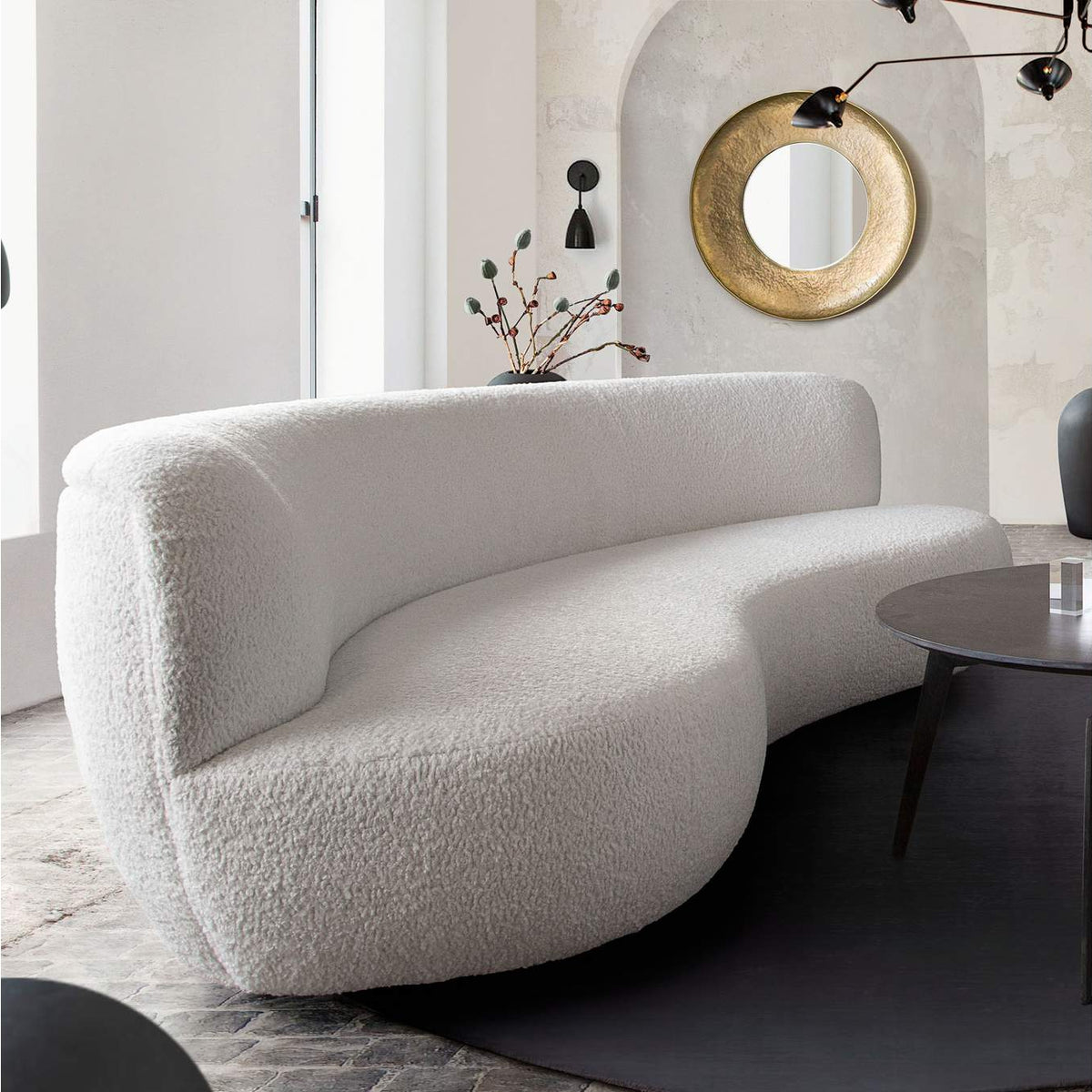 SIMONESOWH Simone Curved Sofa In White Faux Sheepskin Fabric